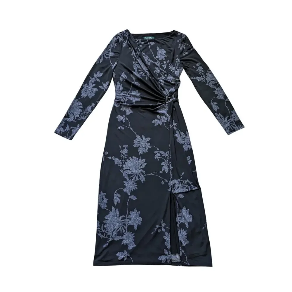 Lauren Ralph Lauren Jersey Knit Wrap Dress10 Black Floral Office Wedding  Guest